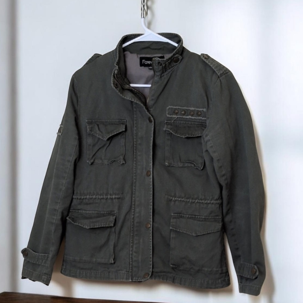 Forever 21 Olive Utility Jacket, Zip/Snap Up With Adjustable Tie, Size Medium